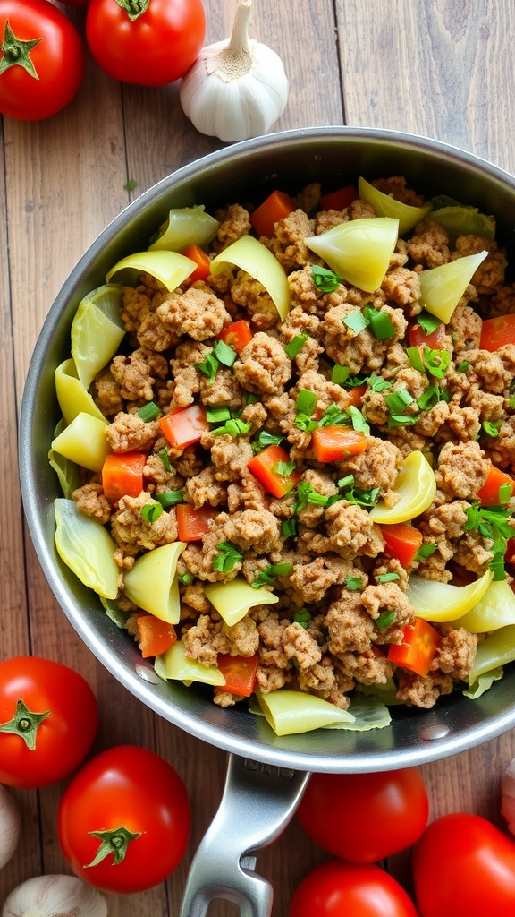 Lean Ground Turkey and Cabbage Skillet Recipe A colorful ground turkey and cabbage skillet, garnished with herbs, on a wooden table.